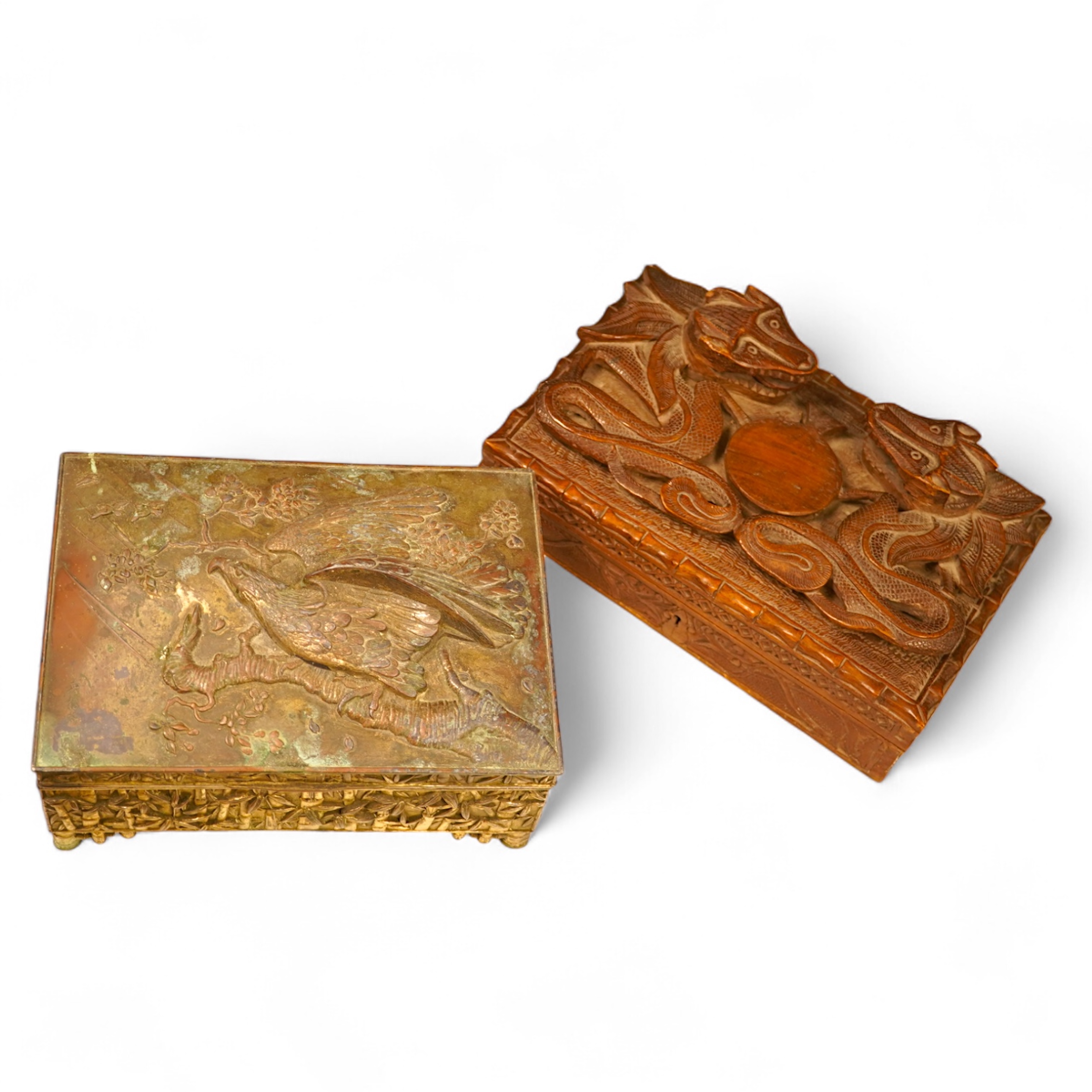 A late 19th century Japanese gilt metal lidded box together with a Burmese carved hardwood box, 28cm wide